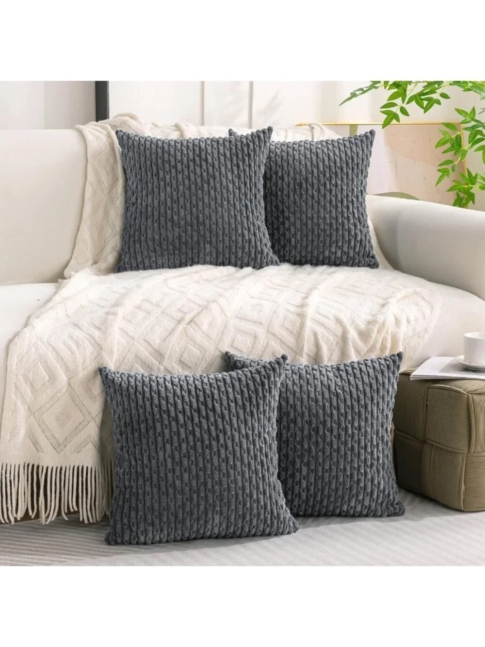 Set of 4 Medium Grey Corduroy Throw Pillow Covers 24x24